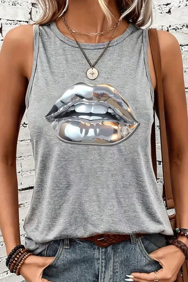 Women Round Neck Printed Sleeveless Casual Top