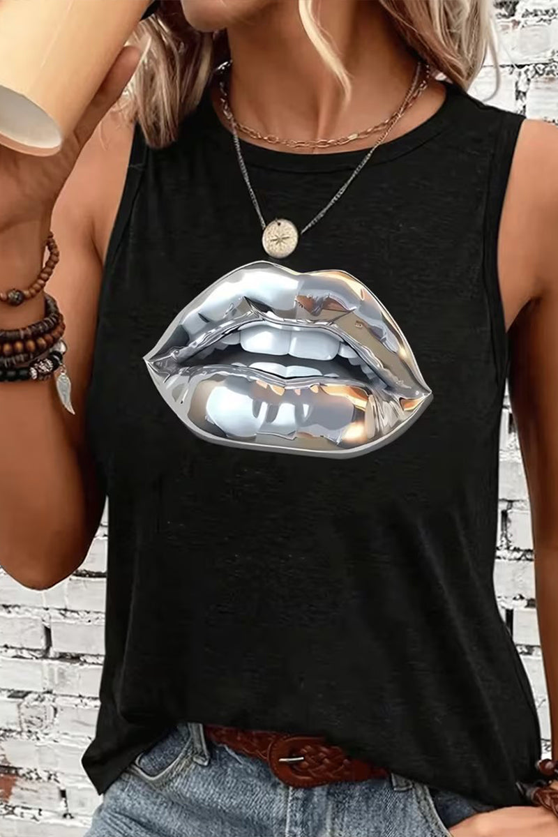 Women Round Neck Printed Sleeveless Casual Top