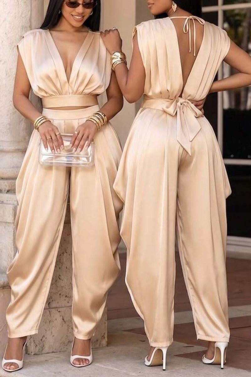 Women's Champagne Satin Deep V Cutaway Shoulder Elastic Waist Crop Top Or Elastic Waist Loose Flowy Satin Baggy Trousers