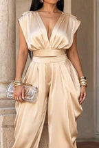 Women's Champagne Satin Deep V Cutaway Shoulder Elastic Waist Crop Top Or Elastic Waist Loose Flowy Satin Baggy Trousers
