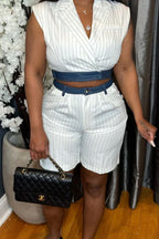 Women's White Thin Stripe Lapel Wrap Sleeveless Cropped Blazer Vest Or High Waist Pleated Striped Bermuda Shorts With Denim Waistband