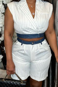 Women's White Thin Stripe Lapel Wrap Sleeveless Cropped Blazer Vest Or High Waist Pleated Striped Bermuda Shorts With Denim Waistband