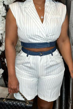 Women's White Thin Stripe Lapel Wrap Sleeveless Cropped Blazer Vest Or High Waist Pleated Striped Bermuda Shorts With Denim Waistband