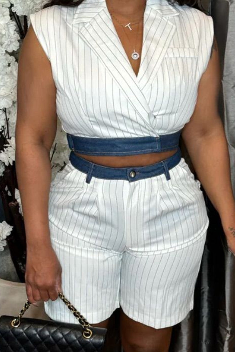 Women's White Thin Stripe Lapel Wrap Sleeveless Cropped Blazer Vest Or High Waist Pleated Striped Bermuda Shorts With Denim Waistband