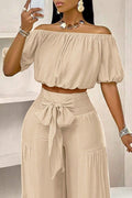 Women's Elastic Off Shoulder Puff Sleeve Loose Crop Blouse Or High Waist Smocked Bow Tie Front Tiered Flowy Wide Leg Pants