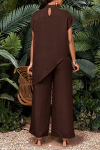 Women's Mock Neck Cap Sleeve Loose Asymmetrical Slit Tunic Top Or High Waist Straight Flow Crinkle Textured Wide Leg Pants