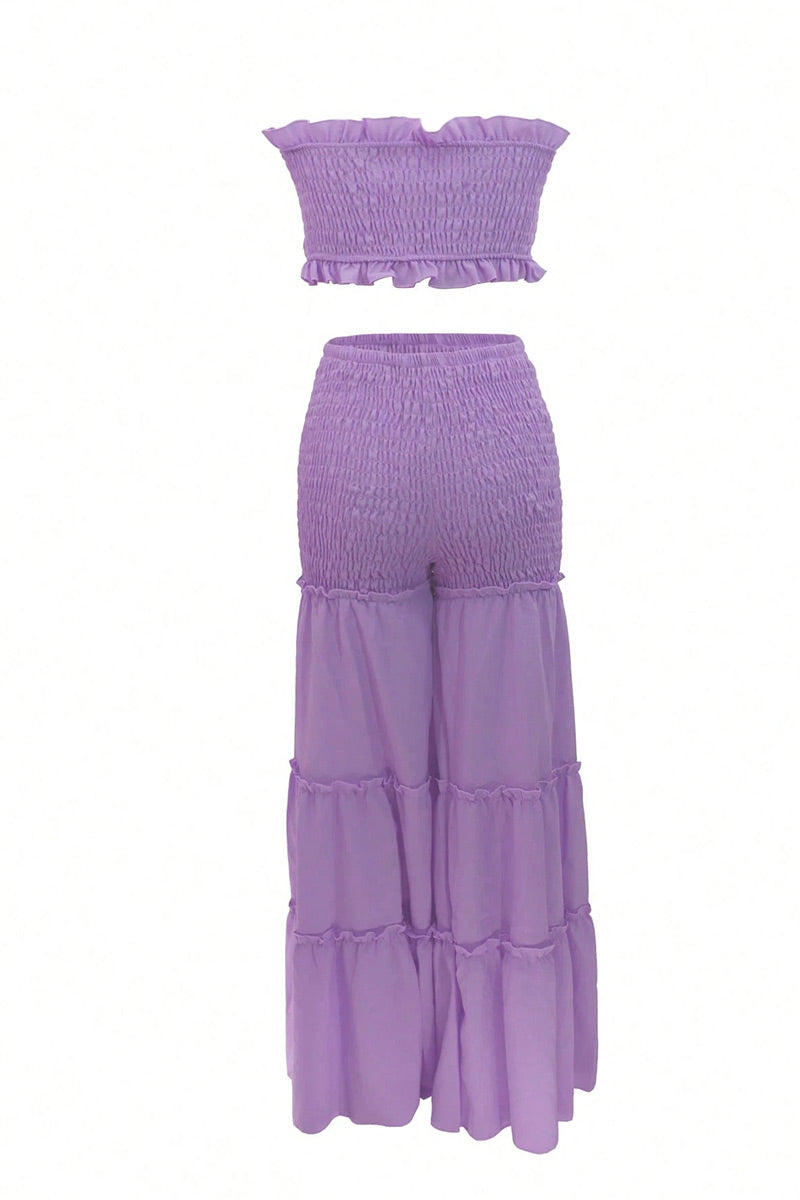Women's Frill Edge Strapless Full Smocked Crop Tube Top Or High Waist Shirred Waist Tiered Ruffle Flowy Wide Leg Pants