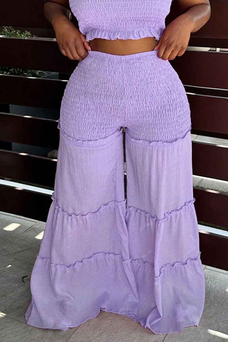 Women's Frill Edge Strapless Full Smocked Crop Tube Top Or High Waist Shirred Waist Tiered Ruffle Flowy Wide Leg Pants