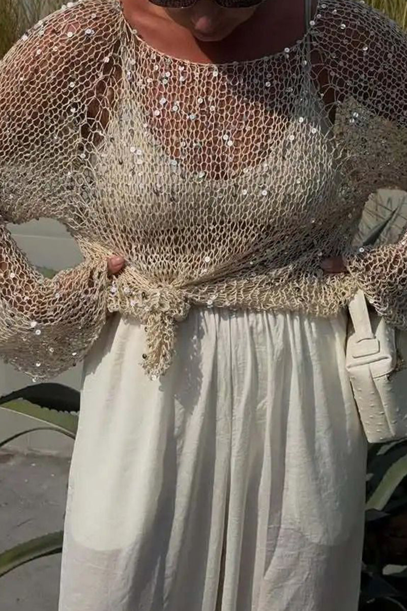 Women's Sequined Openwork Loose Fitting Vacation Top