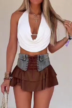 Women's Pleated Halter Neck Short Vacation Top Or Denim Patchwork Lace Up Mini Skirt