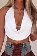 Women's Pleated Halter Neck Short Vacation Top Or Denim Patchwork Lace Up Mini Skirt