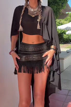 Women's Loose Fitting High Low Hem Flowy Vacation Top Or Shorts With Belt And Tassel Design