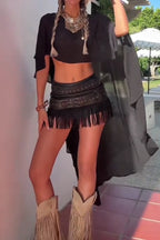 Women's Loose Fitting High Low Hem Flowy Vacation Top Or Shorts With Belt And Tassel Design
