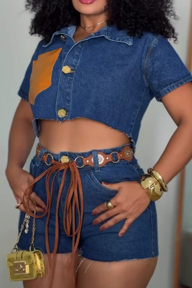 Women's Lapel Short Sleeve Contrast Orange Faux Leather Pocket Raw Edge Crop Denim Shirt Or High Waist Raw Cut Hem Denim Shorts With Vintage Metal Tassel Belt