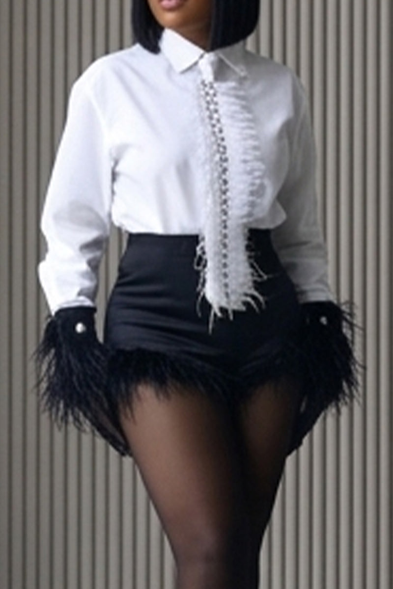 Women's TwoPiece Commuter Top With Rhinestone And Frayed Edges Or Bodycon Short Skirt With Frayed Hem