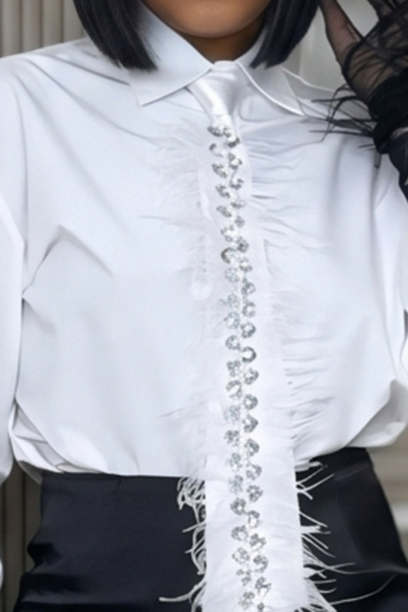 Women's TwoPiece Commuter Top With Rhinestone And Frayed Edges Or Bodycon Short Skirt With Frayed Hem