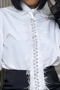 Women's TwoPiece Commuter Top With Rhinestone And Frayed Edges Or Bodycon Short Skirt With Frayed Hem