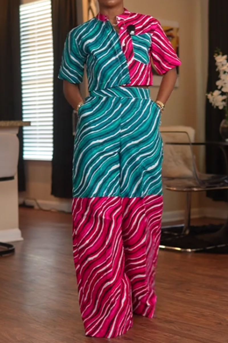 Women's Casual Striped Print Color Block Short Colour Top Or Color Blocked Print Wide Leg Trousers