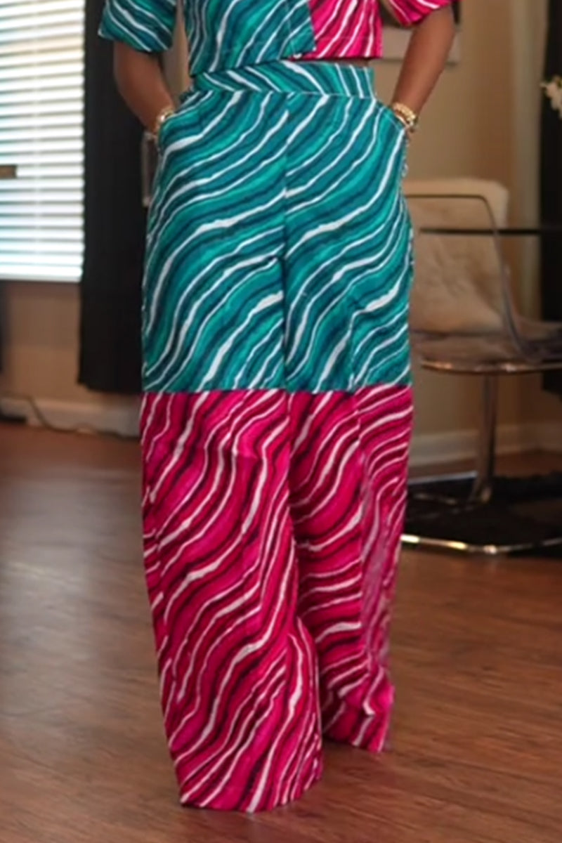 Women's Casual Striped Print Color Block Short Colour Top Or Color Blocked Print Wide Leg Trousers