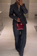 Women's Cinched Waist Structured Shoulder Denim Suit Jacket Or Office Casual Wide Leg Dark Denim Trousers