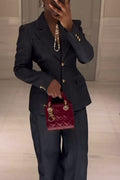 Women's Cinched Waist Structured Shoulder Denim Suit Jacket Or Office Casual Wide Leg Dark Denim Trousers