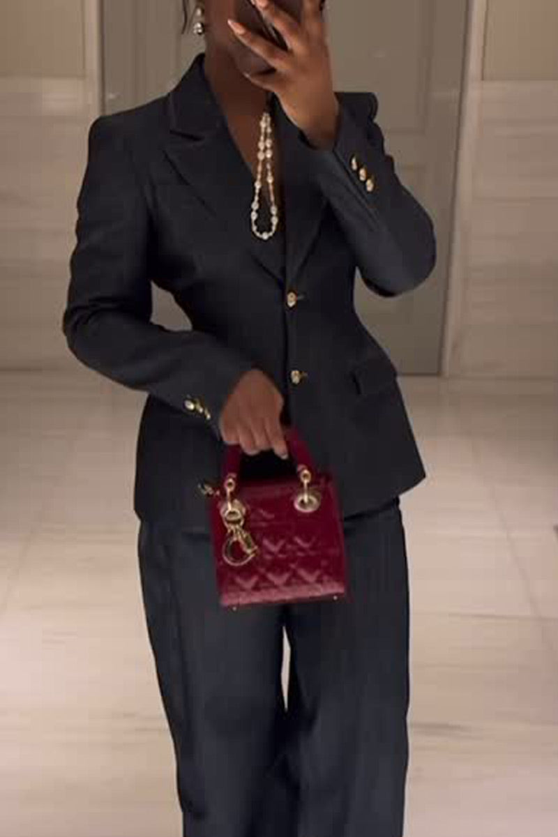 Women's Cinched Waist Structured Shoulder Denim Suit Jacket Or Office Casual Wide Leg Dark Denim Trousers