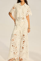 Women's Hollowed Out Collar Short Sleeved Vacation Top Or Hollow Out Textured Wide Leg Trousers