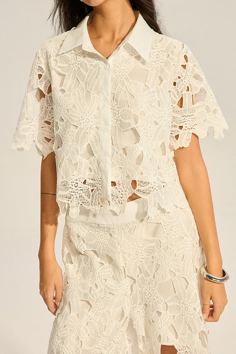 Women's Hollowed Out Collar Short Sleeved Vacation Top Or Hollow Out Textured Wide Leg Trousers