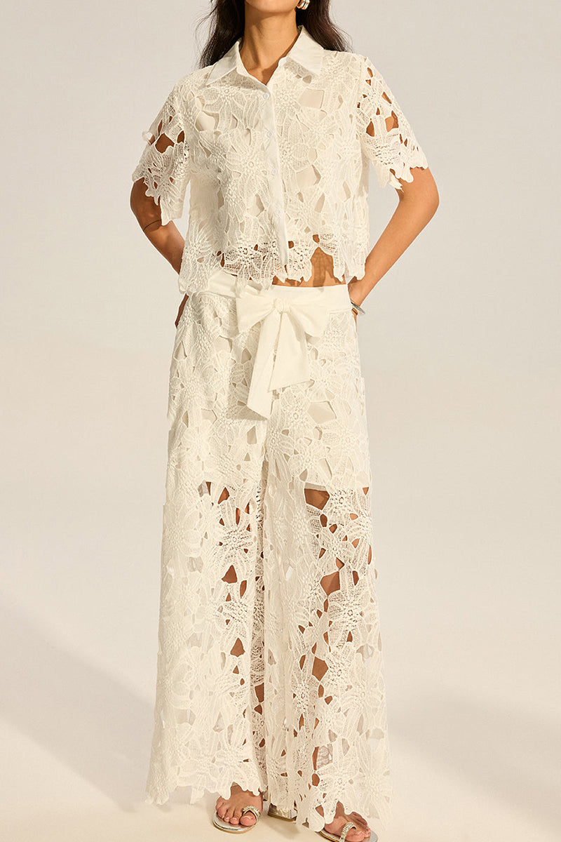 Women's Hollowed Out Collar Short Sleeved Vacation Top Or Hollow Out Textured Wide Leg Trousers