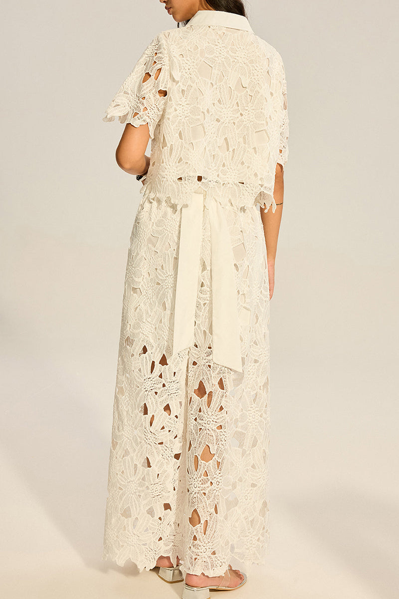 Women's Hollowed Out Collar Short Sleeved Vacation Top Or Hollow Out Textured Wide Leg Trousers