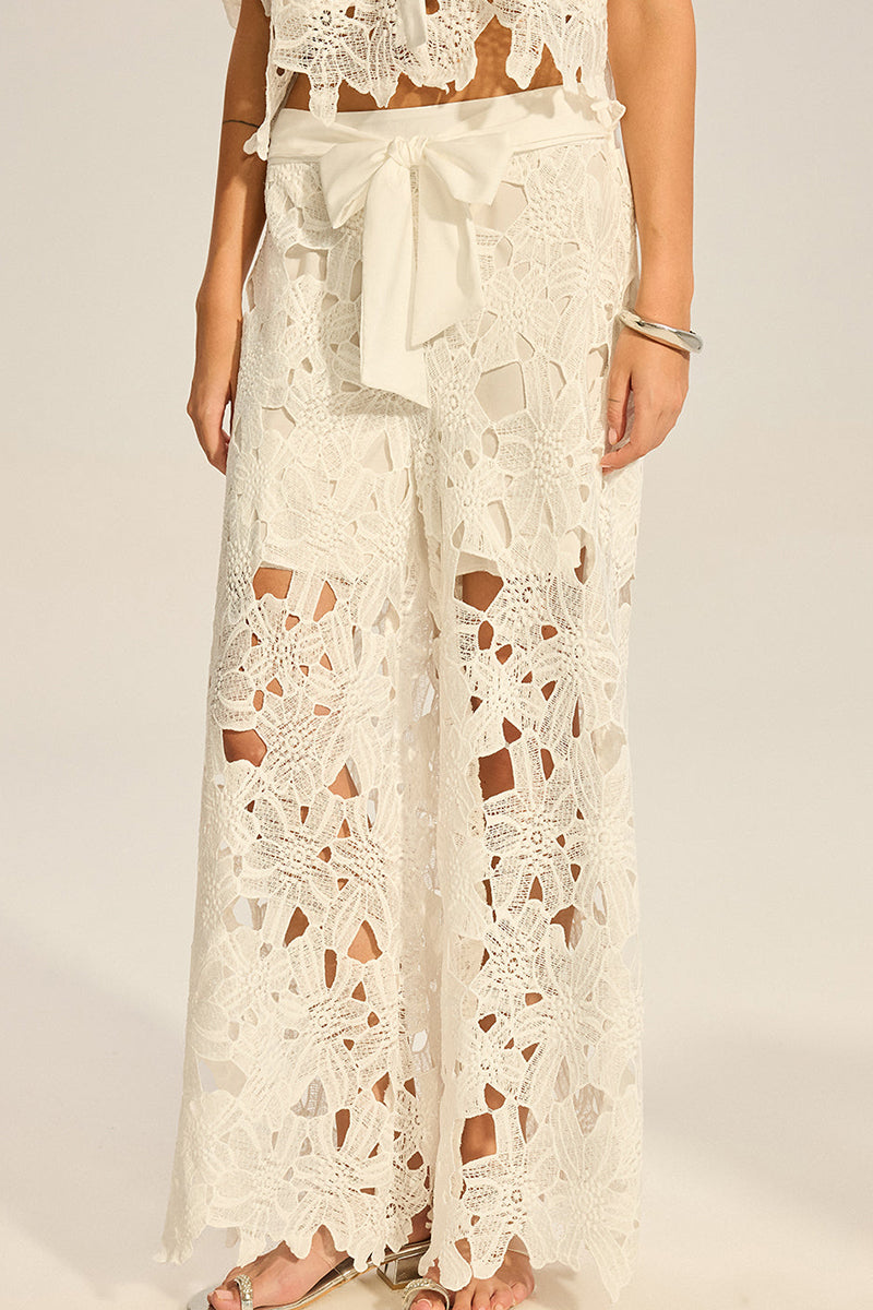 Women's Hollowed Out Collar Short Sleeved Vacation Top Or Hollow Out Textured Wide Leg Trousers