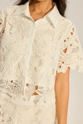 Women's Hollowed Out Collar Short Sleeved Vacation Top Or Hollow Out Textured Wide Leg Trousers
