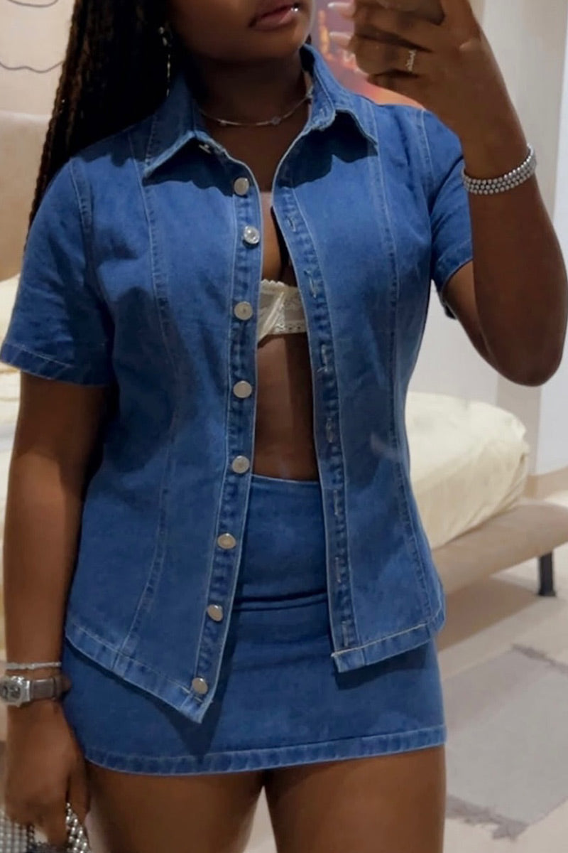 Women's Slim Fit Short Sleeve Point Collar Denim Button Shirt Or High Waist Stretch Denim Bodycon Mini Skirt