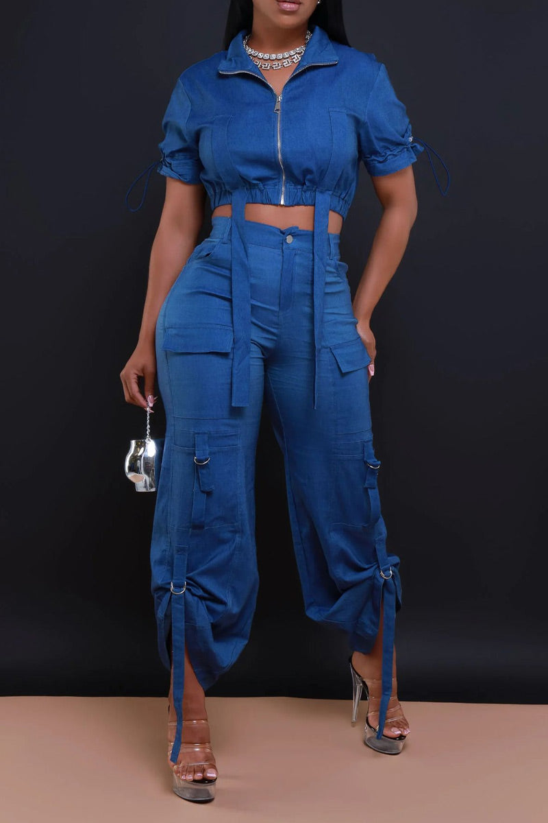 Women's Short Sleeve Stand Collar Zip Front Drawstring Ruched Crop Top Or High Waist Multi-Pocket Cargo Pants With Adjustable Tie Straps