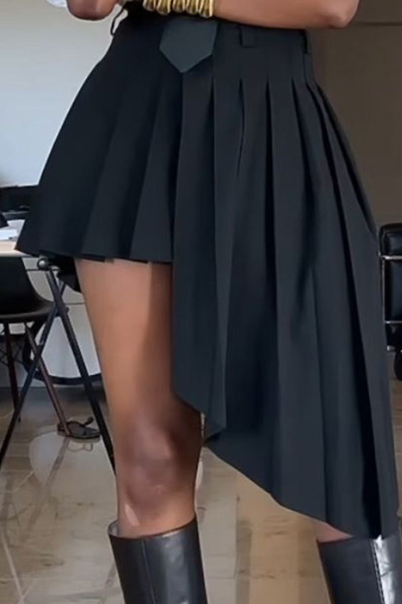 Women's Two Tone Length Asymmetrical Pleated A Line Skirt Or White Lapel Button Down Shirt With Matching Black Tie