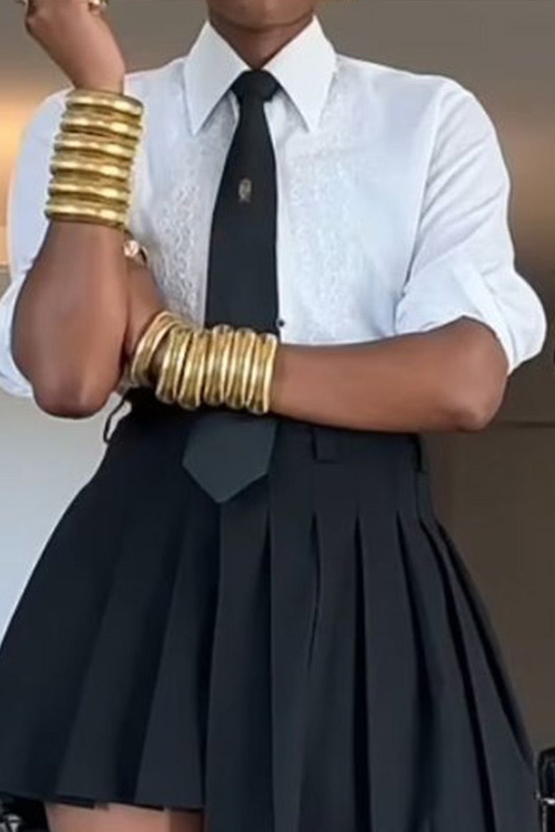 Women's Two Tone Length Asymmetrical Pleated A Line Skirt Or White Lapel Button Down Shirt With Matching Black Tie