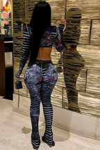 women's Semi Sheer Mesh Dragon Stripe Print V Neck Tie Front Long Sleeve Crop Top Or High Waist See Through Mesh Dragon Stripe Flare Leg Pants