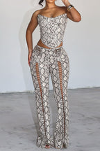 Women's Printed Strapless Button Down Cropped Party Top Or Printed Drawstring Skinny Jeans