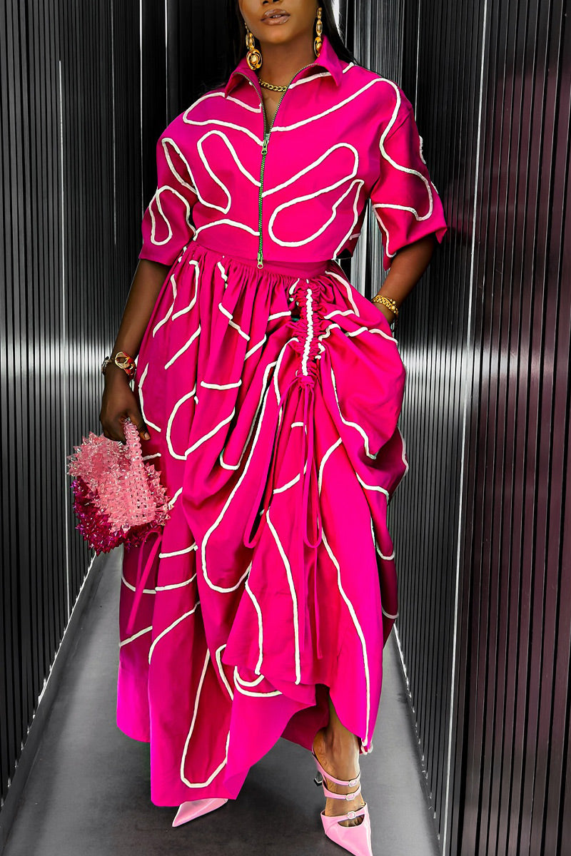 Women's Casual Abstract Curve Line Print Collared Half Sleeve Zip Up Cropped Jacket Or High Waist Side Ruched Drawstring Irregular Flowy Maxi Skirt