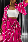 Women's Casual Abstract Curve Line Print Collared Half Sleeve Zip Up Cropped Jacket Or High Waist Side Ruched Drawstring Irregular Flowy Maxi Skirt