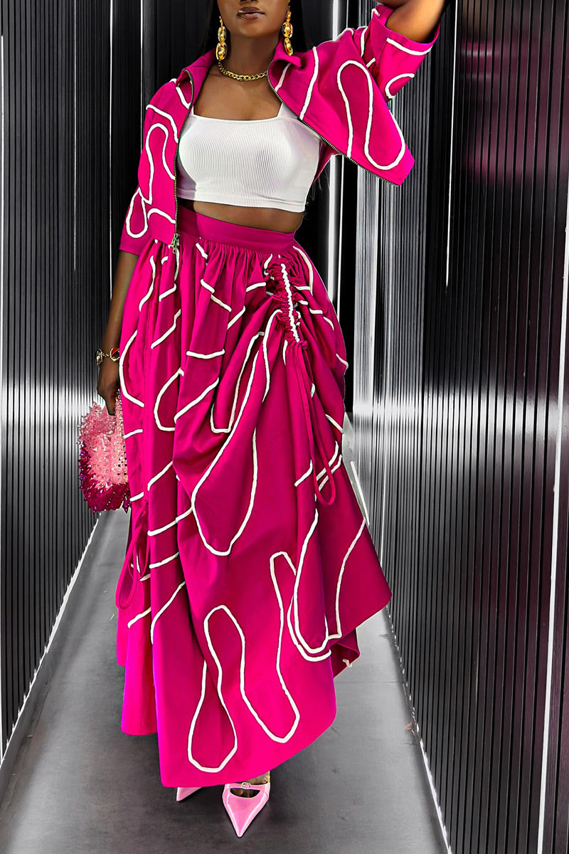 Women's Casual Abstract Curve Line Print Collared Half Sleeve Zip Up Cropped Jacket Or High Waist Side Ruched Drawstring Irregular Flowy Maxi Skirt