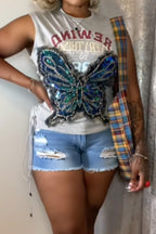Women's Street Style Short Sleeveless Casual Top With Butterfly Rhinestone Print