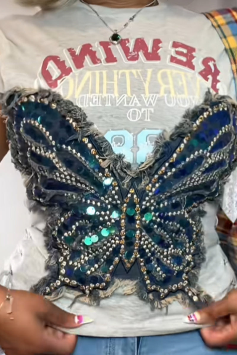 Women's Street Style Short Sleeveless Casual Top With Butterfly Rhinestone Print