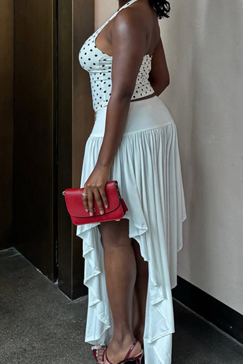 Women's Halter Neck Backless Polka Dot Print Vacation Top Or Irregular Hem Skirt
