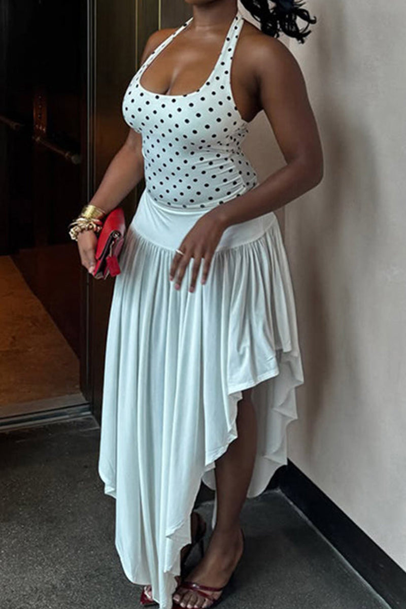 Women's Halter Neck Backless Polka Dot Print Vacation Top Or Irregular Hem Skirt