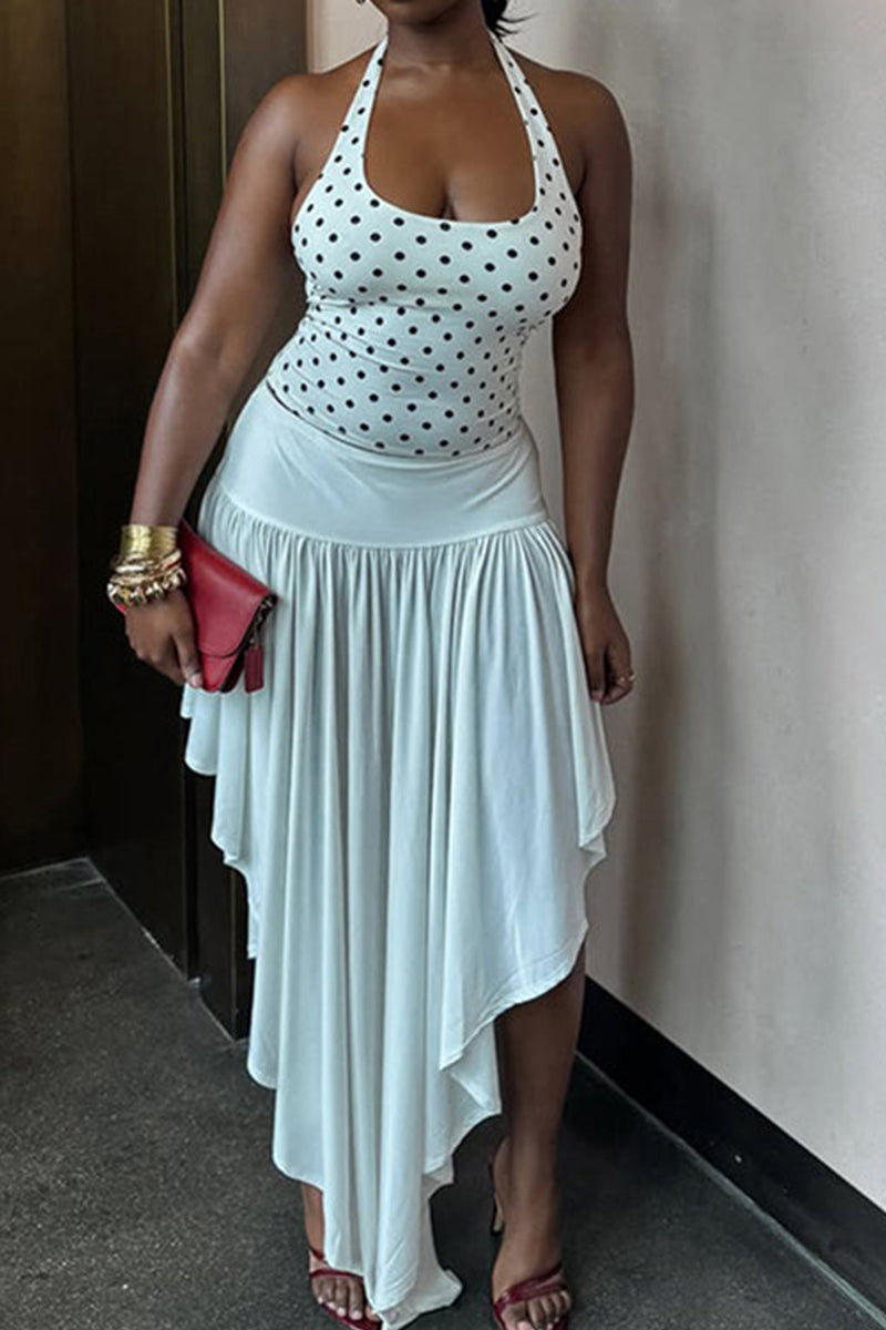 Women's Halter Neck Backless Polka Dot Print Vacation Top Or Irregular Hem Skirt