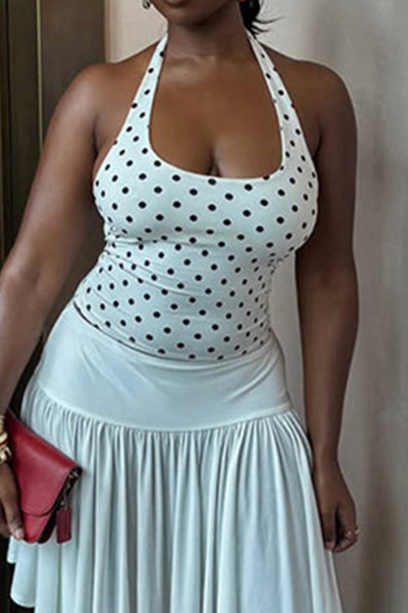 Women's Halter Neck Backless Polka Dot Print Vacation Top Or Irregular Hem Skirt