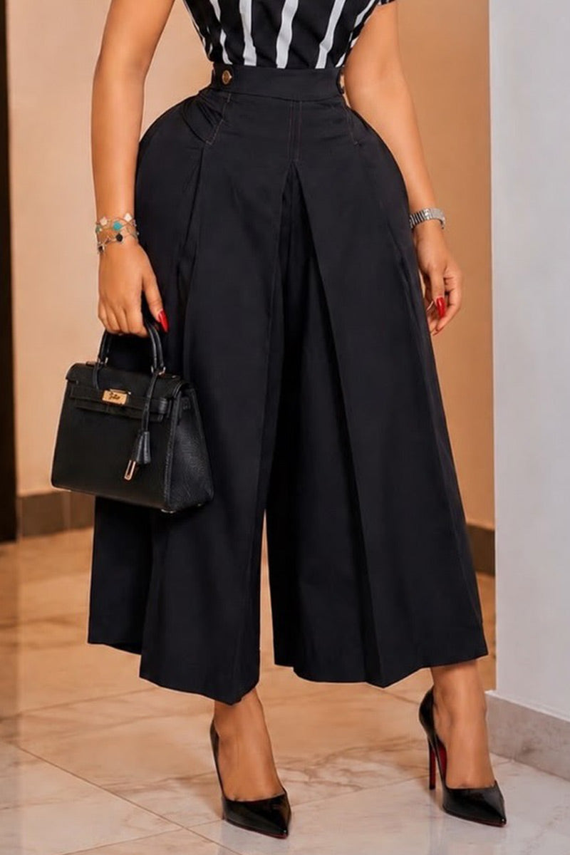 Hot selling women's casual Asymmetric Draped Wrap Collar Short Sleeve Vertical Stripe Blouse Or High Waist Front Pleat Side Pocket Loose Wide Leg Culottes