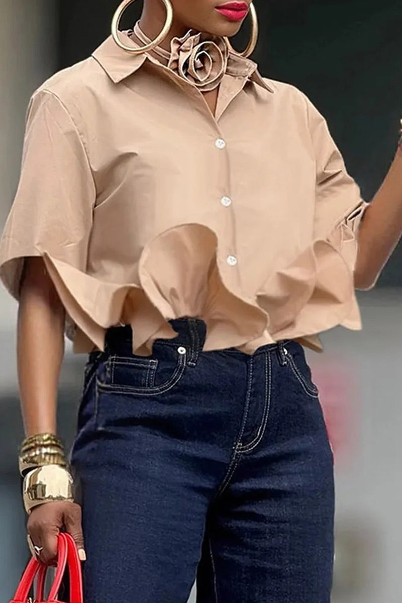 Women Office Chic Flounce Cut Out Front Long Lantern Sleeve Cropped Shirt