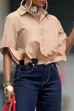Women Office Chic Flounce Cut Out Front Long Lantern Sleeve Cropped Shirt
